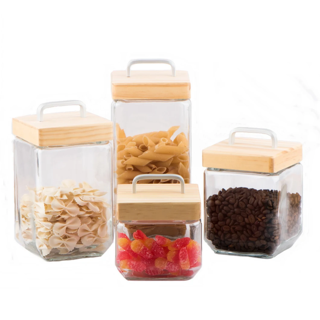 Square Glass Jar/Glass Storage Jar/Glass Food Canister/Glassware/Glass Bottle with Square Wooden Lid