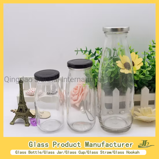 Jugo prensado en frío 250 ml 300 ml 500 ml 16 oz Botellas de vidrio de bebida de leche cuadrada francesa transparente con tapón de rosca de plástico