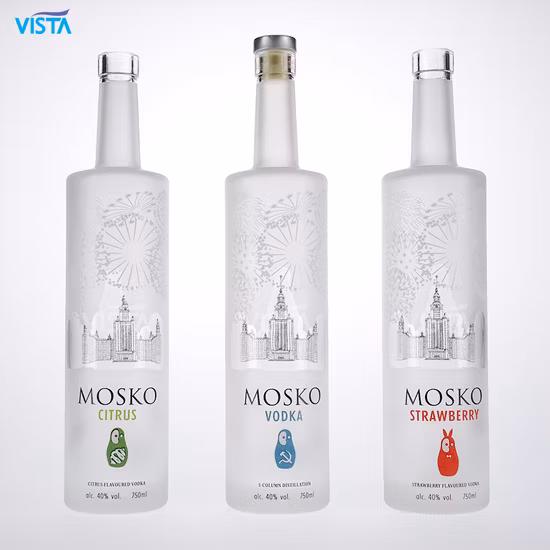 375ml 37.5cl 500ml 50cl 750ml 75cl1000ml 100cl Spirit Liquor Vodka Whisky Botella de vidrio de agua con tapón de rosca Tapón de corcho Color claro de pedernal alto