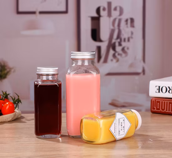 Botella de bebida de agua de leche de jugo de vidrio cuadrado francés vacío de 16 oz con impresión de logotipo